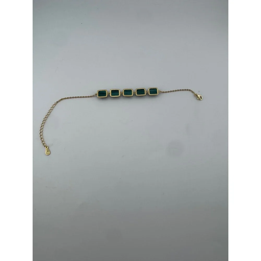 Green Malachite Style Bracelet Gold Tone Chain Rectangle Stones Adjustable